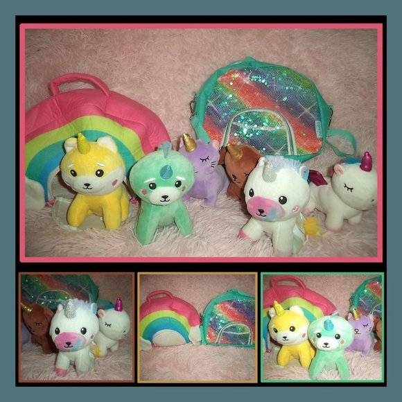 LOT OF 6 PIXIE CRUSH & POMKINZ PET PALS UNICORN PLUSH W/RAINBOW CARRIER CASE/BAG - Picture 1 of 5